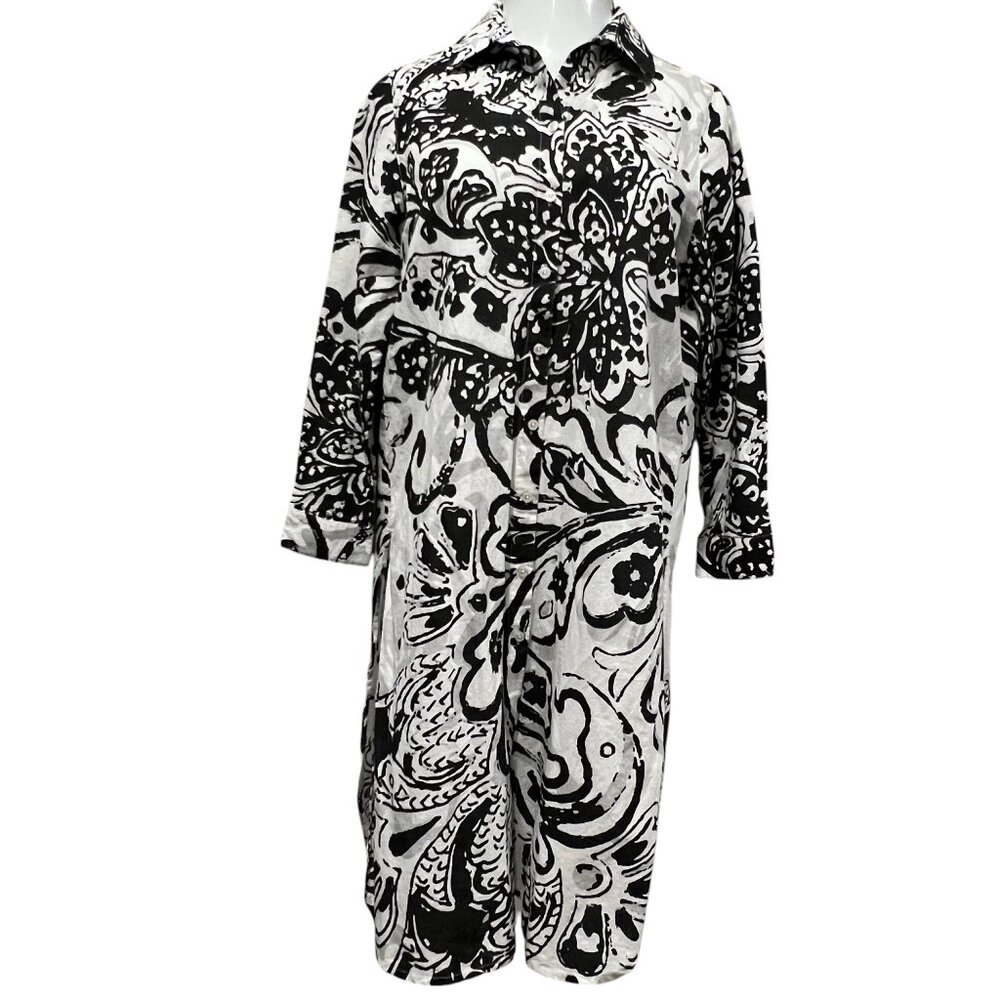 Chico Linen Print Button Duster, White Black, M - image 1